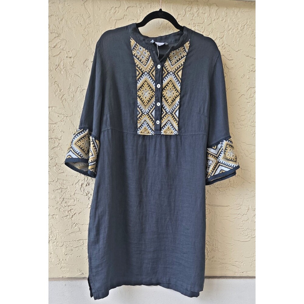 NEW Haris Cotton Navy Linen Embroidered Dress LARGE Made in Greece Boho Peasant